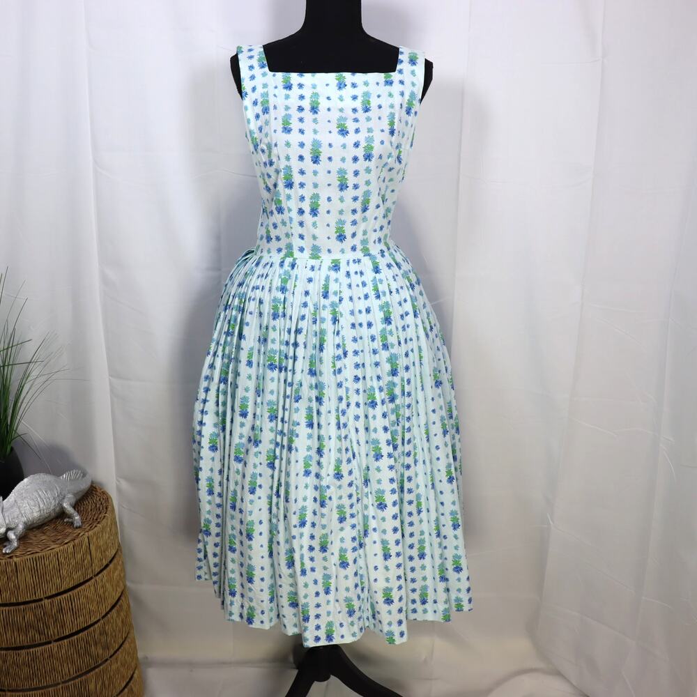 Vintage‎ 1950s Blue Floral Fit Flare Dress Full Skirt